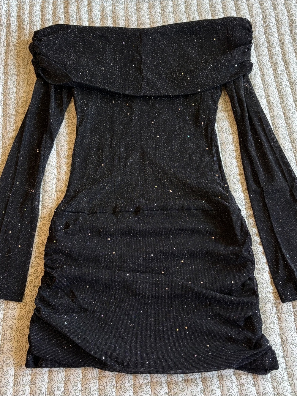 Black Sparkle Off-Shoulder Ruched Mini - Picture 2 of 6
